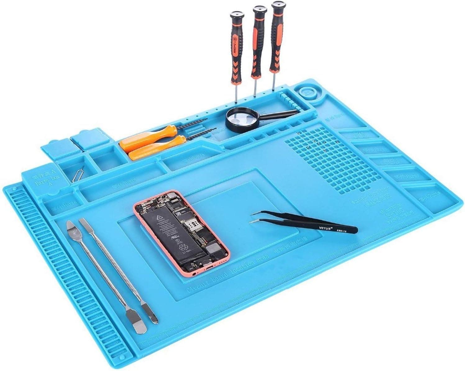 Magnetic Project Mat,Soldering Station Mat,YUMQUA 11 X 17 Inch Heat Insulation Silicone Maintenance Pad Non-skid Desk Repair Tools Kit for Soldering Iron, Phone and Computer Accessory Techie