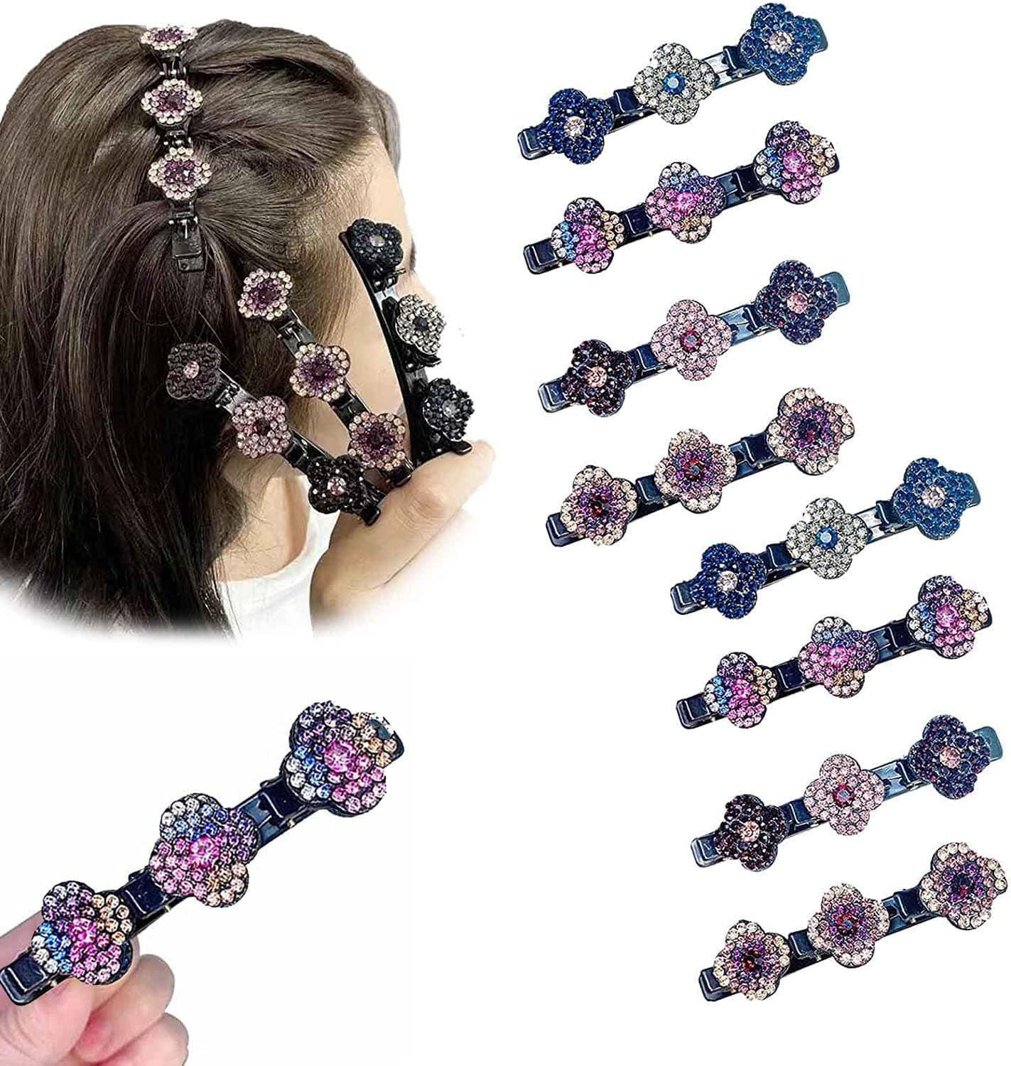 4/8PCS Sparkling Crystal Stone Braided Hair Clips,Satin Fabric Hair Clips,Four-Leaf Clover Chopped Hairpin Duckbill Clip,Three Flower Side Hair Clip, Duckbill Hair Clips with Rhinestones for Women