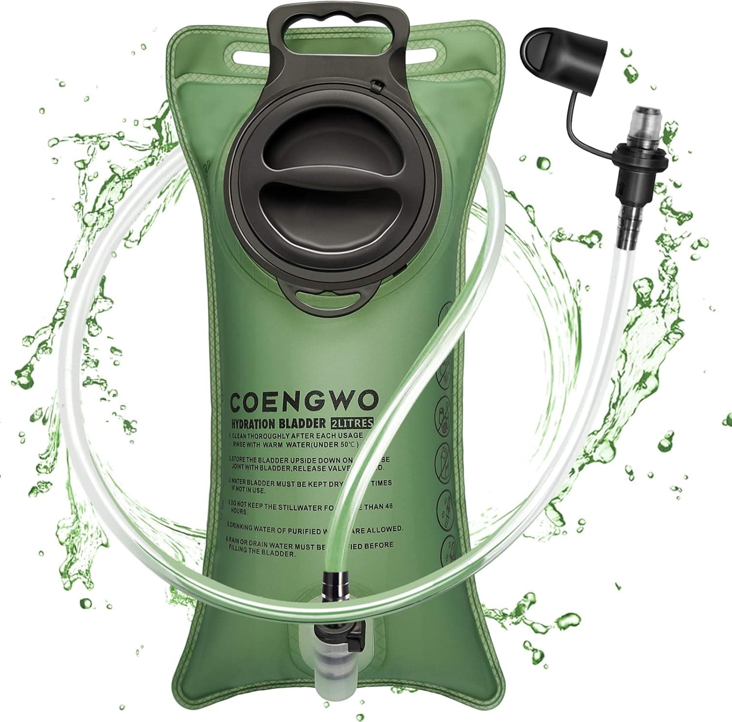 COENGWO Hydration Bladder 2 Liter, Water reservoirs Water Storage Bladder Bag Hydration Water Pack Replacement for Hiking, Backpacking, Cycling, Camping, Army Green