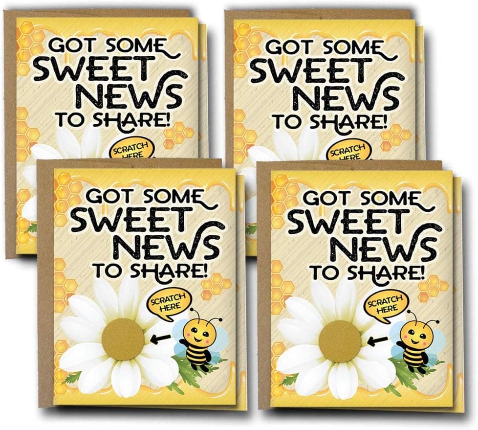 Pregnancy Reveal Scratch Off Card 4 Pack | Honey Bee Flower Design | with Eco-Friendly Kraft Envelopes | Folded Cards | Kawaii Bee Keeper