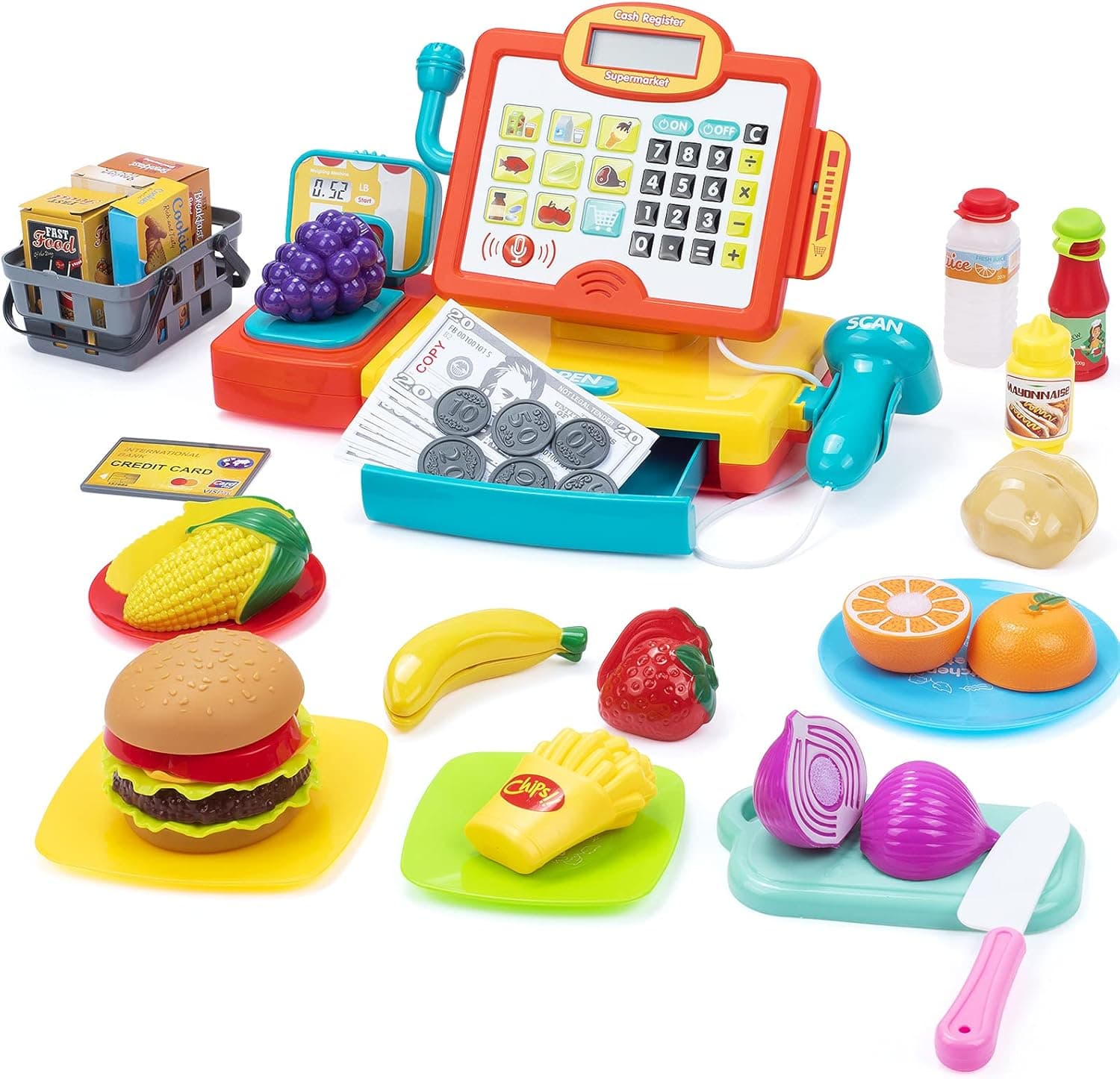 SUPERHIGH Kids Cash Register Toy with Cuttable Food, Scaner, Microphone, Play Money, Calculator Cash Register for Toddler, Great Grocery Pre-School Gift for Boys & Girls, Ages 3 4 5 6 7 8, Red