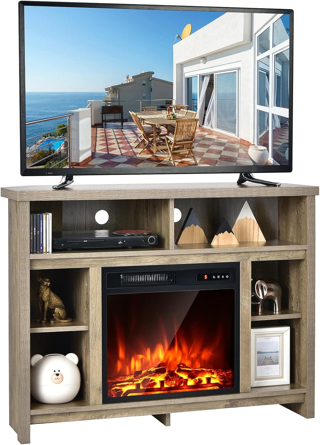 Tangkula Corner TV Stand for TVs Up to 48 Inch w/Electric Fireplace, Insert Heater w/ 5 Brightness & Remote Control, TV Console Table w/Cable Hole & Adjustable Shelf, Fireplace Entertainment Center
