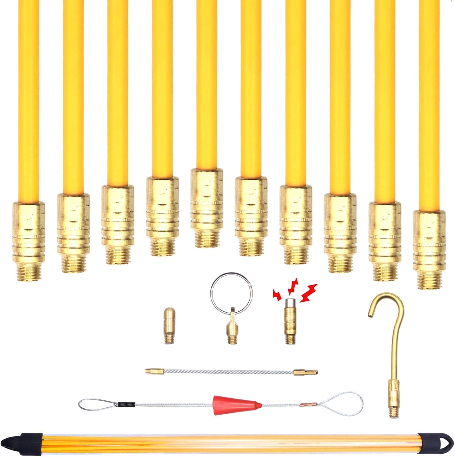 33' Fiberglass Cable Wire Running Rod Coaxial Electrical Connectable Fish Tape Pull Kit With Hook And Hole Kit In Transparent Tube, Yellow
