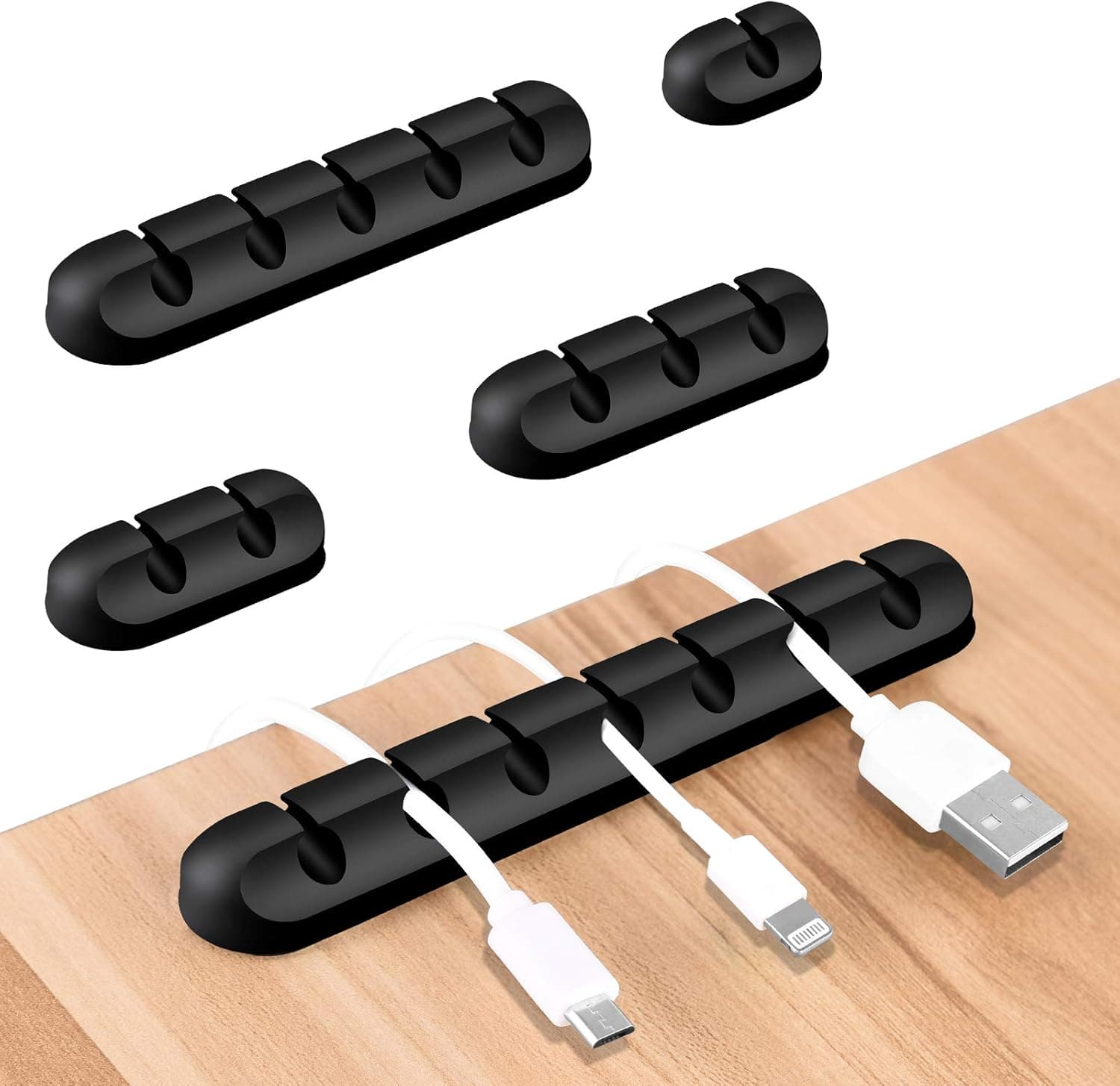 SZBAYO Adhesive Cable Clips Black, 5 Pack USB Cord Organizer for Desk Cable Holder, Cable Management for PC Desktop, Office Silicone Cable Organizer(7,5,3,2 and 1Slot)