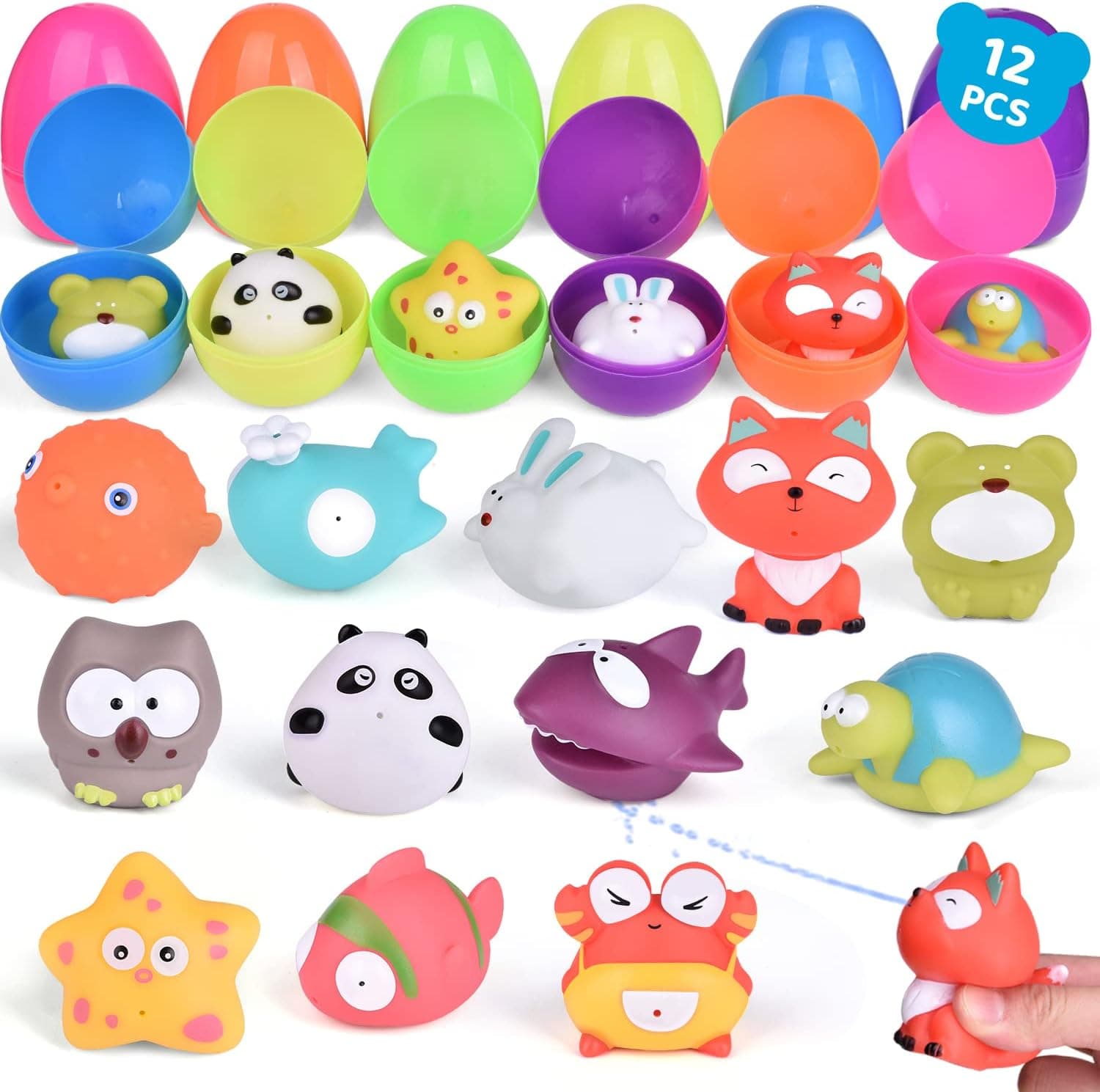 FUN LITTLE TOYS 12PCS Easter Eggs Prefilled with Sea Animals Squirters Bath Toys, Easter Egg Fillers Water Table Toys for Toddlers Easter Basket Stuffers Water Toys for Easter Party Favors