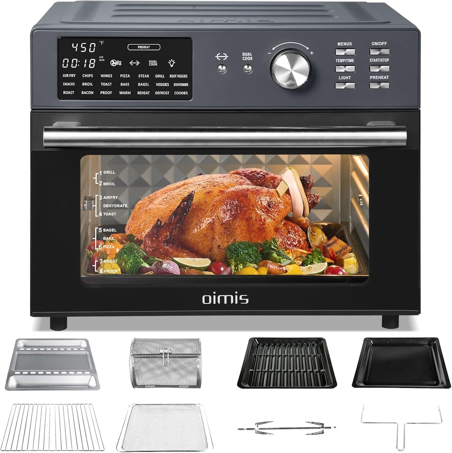 Air Fryer Oven OIMIS,32QT X-Large Air Toaster Oven Air Fryer Rotisserie Oven Combo 21 IN 1 1800W Countertop Oven Dual Cook Patented Dual Air Duct System 8 Accessories With Extra Menus,52 Recipes&Manual