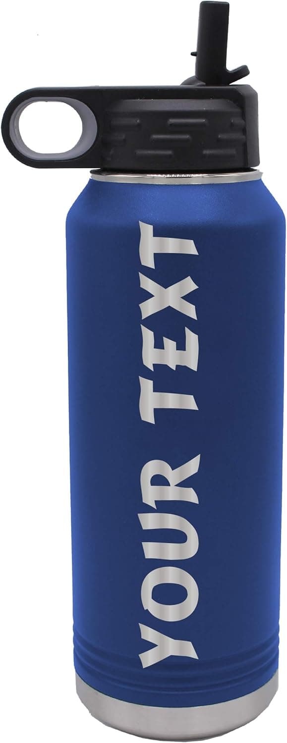 Custom Personalized Premium 32 oz Vacuum Insulated Powder Coated Stainless Steel Sports Water Bottle with Straw for Workouts, Yoga, Gym, Office, Work, Women, Men, Him, Her (Royal Blue)