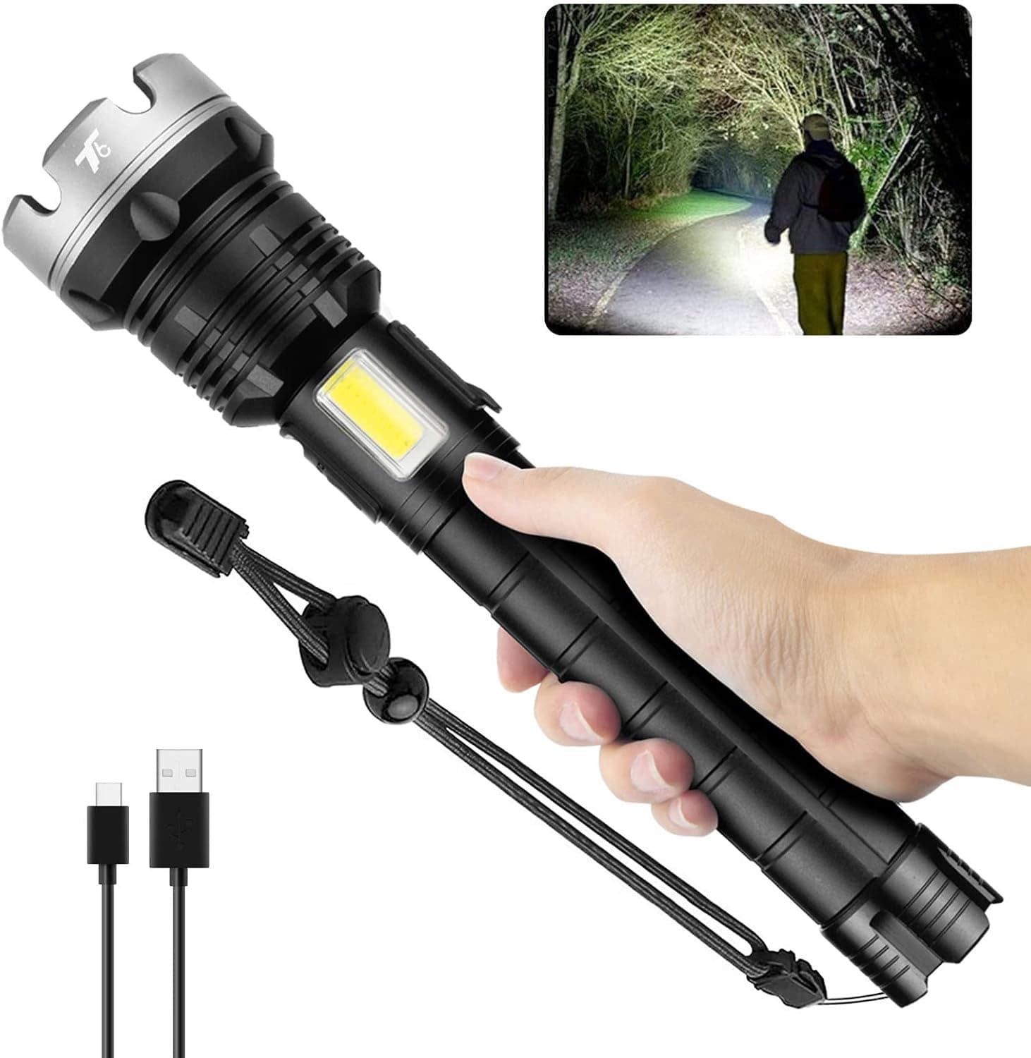 T6 Rechargeable Led Flashlights High Lumens, XHP90 Brightest Flashlight with COB Sidelight, 100000 Lumen High Powered Handheld Flash Light 7 Mode Waterproof for Camping Emergencies Hiking