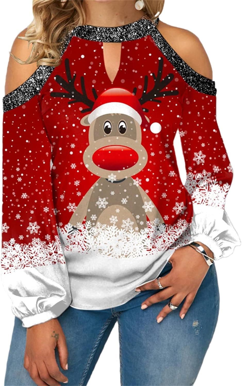 Women's Autumn and Winter Christmas Elk Strapless Printed Long Sleeve T-Shirt Casual Round Neck Tunic Shirt Top