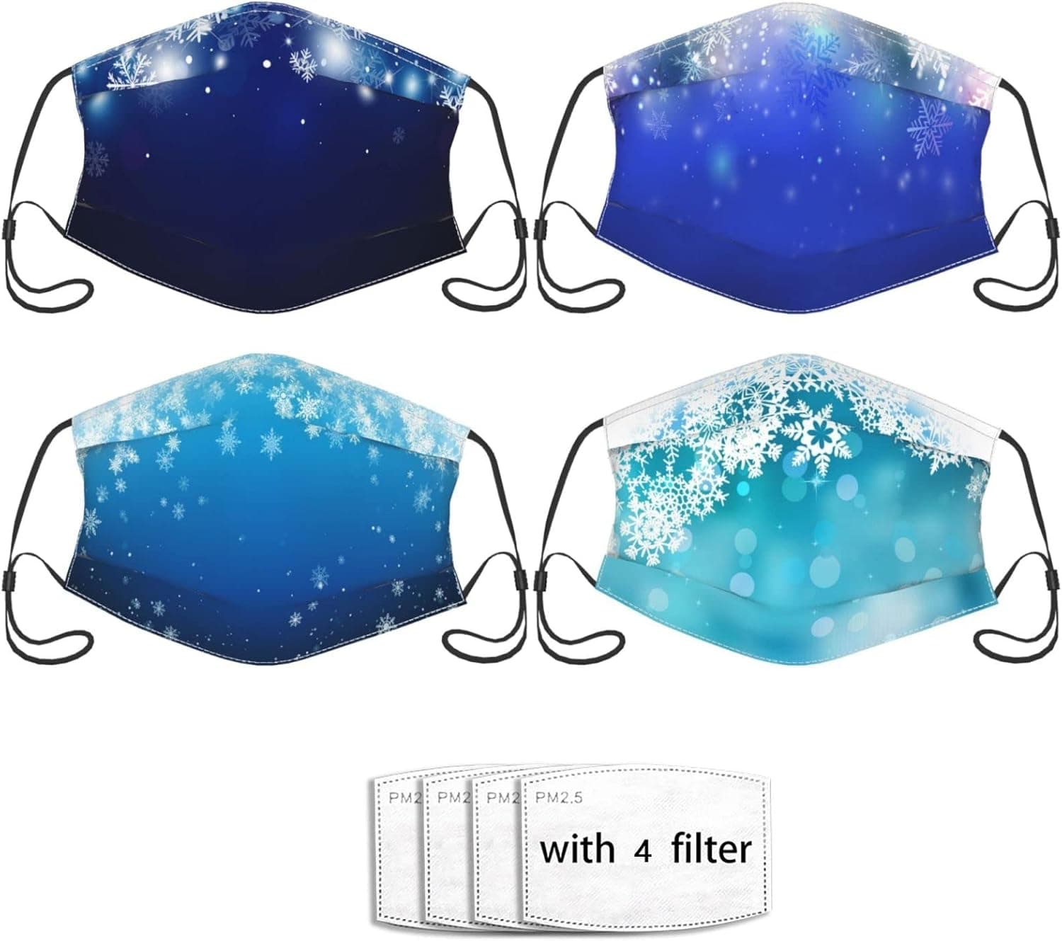 4PCS Christmas Snowflakes Blue Face Mask,Adults Washable Adjustable Bandanas Reusable Balaclava Mouth Mask with 4 Filters