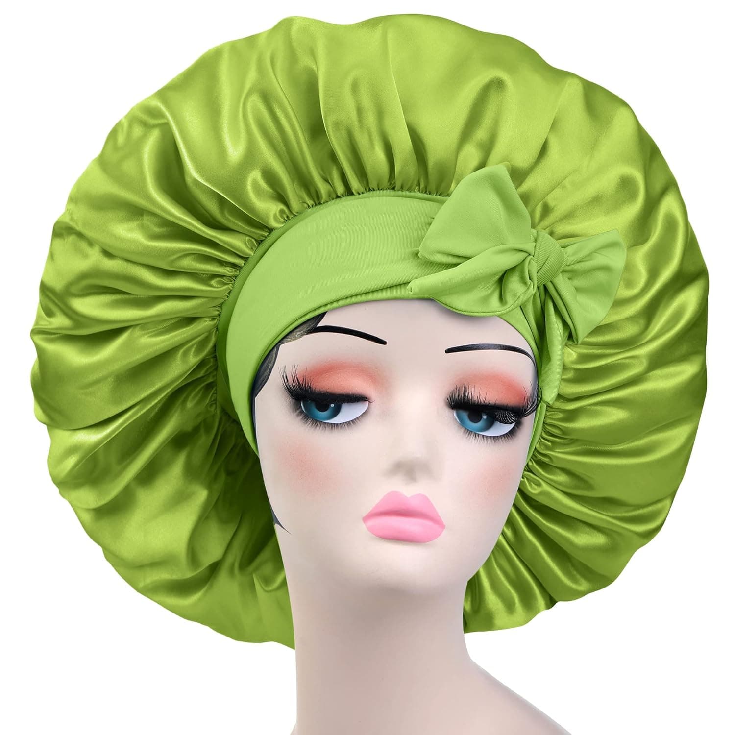 Satin Bonnet Silk Bonnet with Elastic Tie Band Adjustable Straps Hair Bonnet Jumbo Size for Sleeping Satin Bonnet Stretchy Tie Band for Women Long Curly Braid Hair (Gold Green)