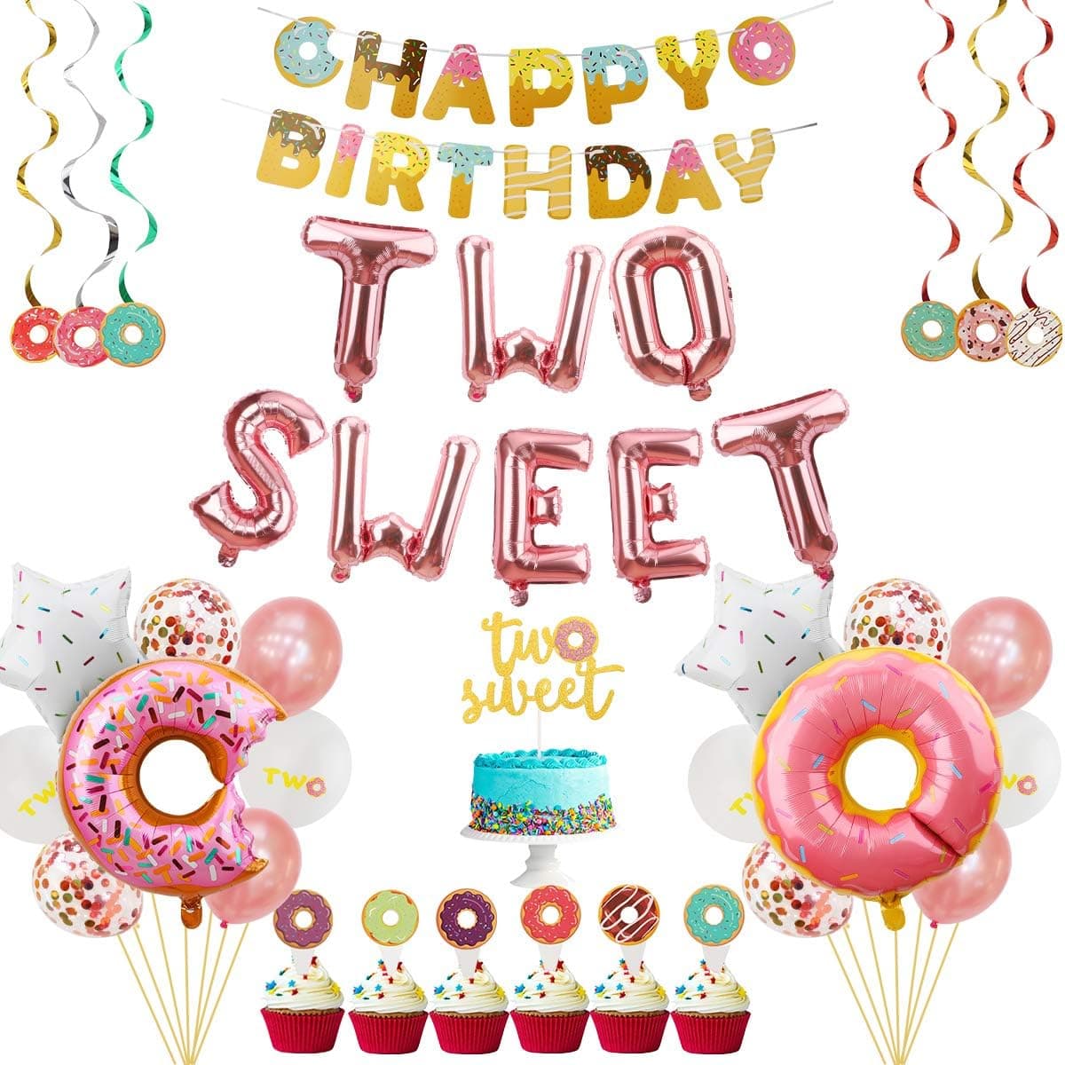 Lnlofen Two Sweet Donut Birthday Party Supplies, 46Pcs, Baby Second Birthday Decoration, Donut 2nd Birthday Party Decorations for Girl - Including Balloons, Cake, Topper, Banner, Swirls, Star Foil