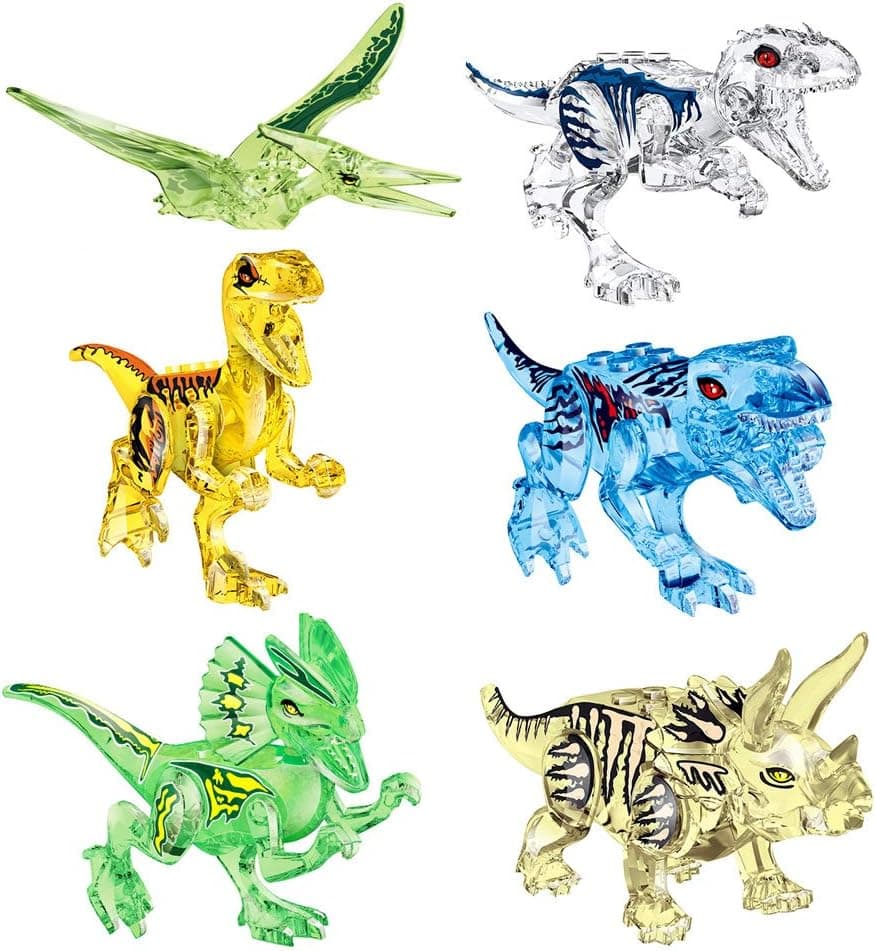 Odolwalker Jurassic Clear Crystal Dinosaur Simulation Figures 6pcs Dinos Toys Assembled Puzzle Small Particle Building Blocks Removable Chin Wings and Tail for Everyone.