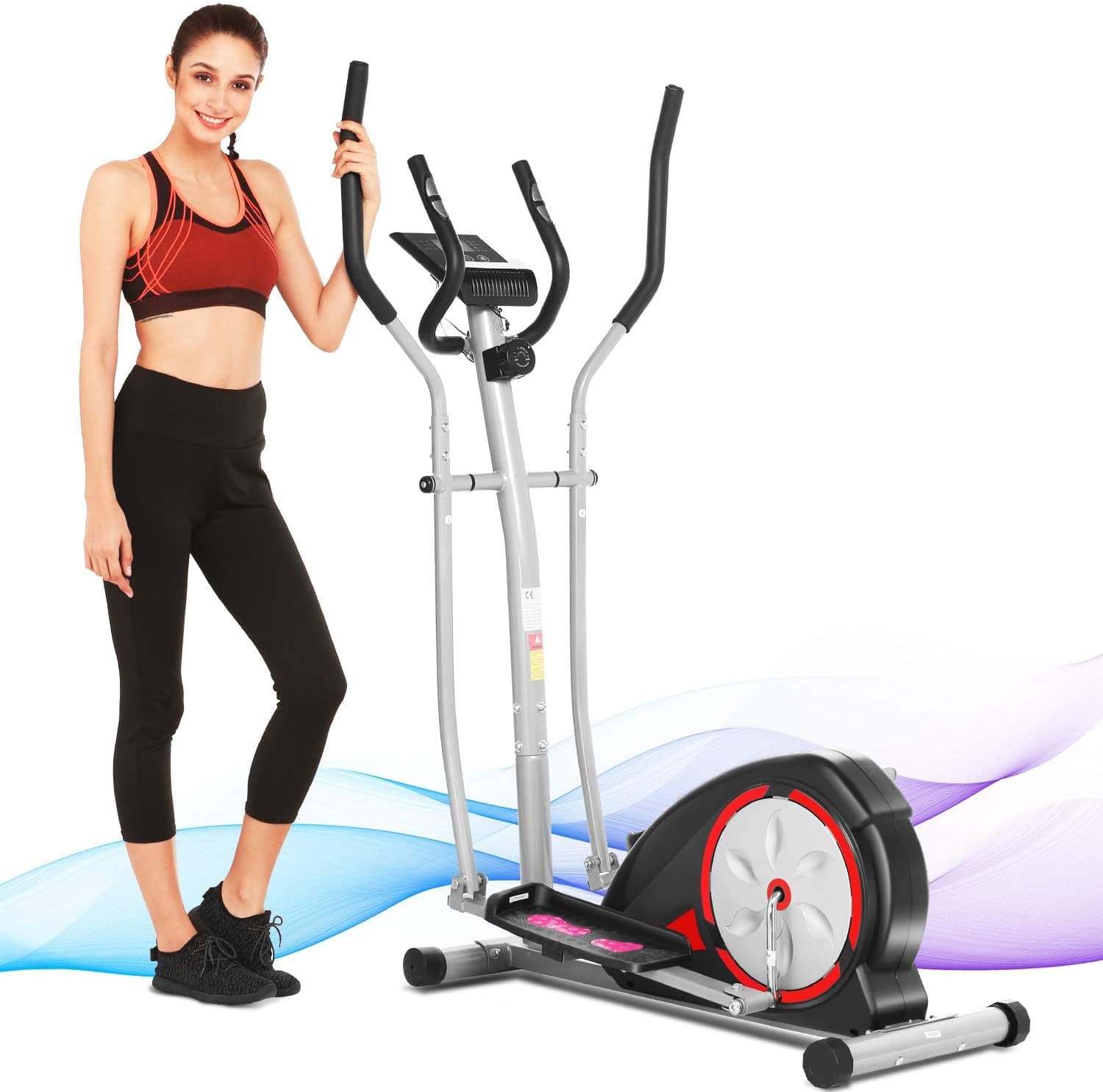 FUNMILY Elliptical Machine, Portable Magnetic Ellptical Exercise Machine with LCD Display for Home Office Use (Dark Red)