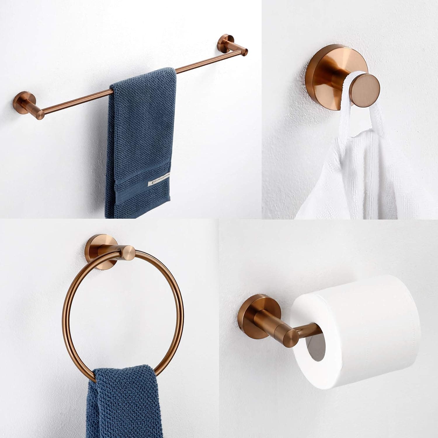 Bathroom Accessories Set,Towel Bar,Towel Ring, Toilet Paper Holder,Hooks,Sus 304 Brushed Brass Colour Stainless Steel Bathroom Set of 4