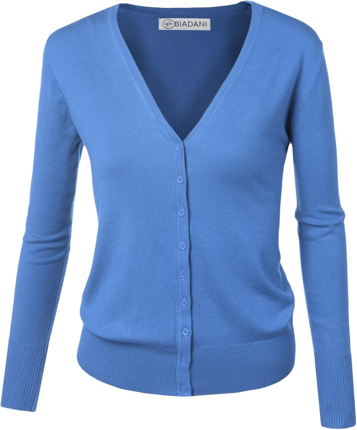 BIADANI Women Button Down Long Sleeve Soft V-Neck Cardigan Sweater Cobalt Blue Large