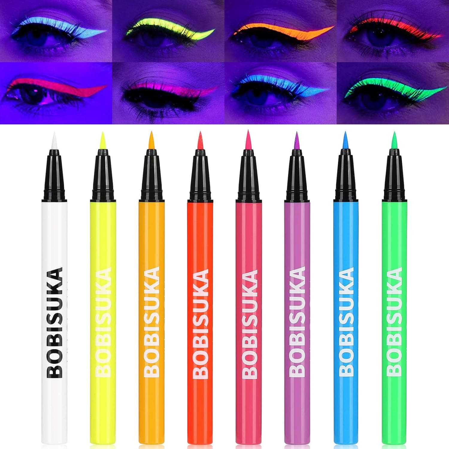 BOBISUKA 8 Colors UV Glow Neon Liquid Eyeliner Set, Matte Colored Eyeliners Pen, Colorful Waterproof Smudge-proof Pigmented Graphic Liners, Delineadores de Colores Para Ojos Eye Makeup Gift Kit
