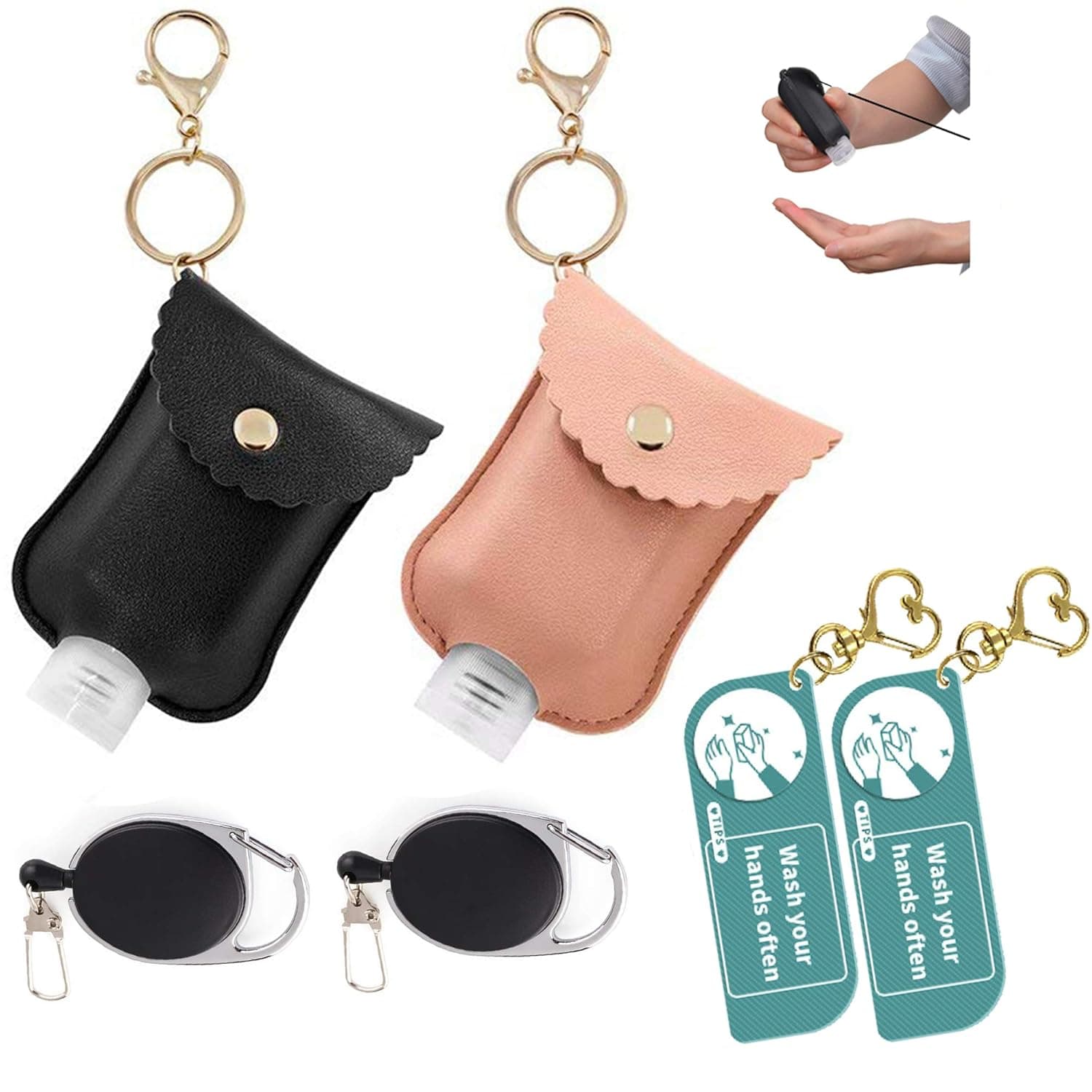 Portable Travel Bottle Size 60ml/2oz Stretchable Lanyard Refillable Leak Proof Bottles with Leather Sheath and Keychain for Hand Sanitizer Holder, Shampoo, Essential Oils and Other Liquid (Black/Pink)