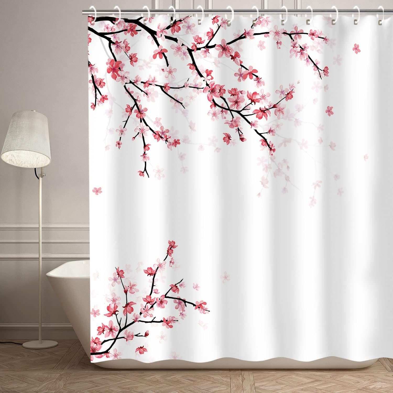 LIVILAN Cherry Blossom Shower Curtain Pink Floral Shower Curtain with 12 Hooks Sakura Fabric Bath Curtain Decorative Japanese Shower Curtain, 72" X 72"