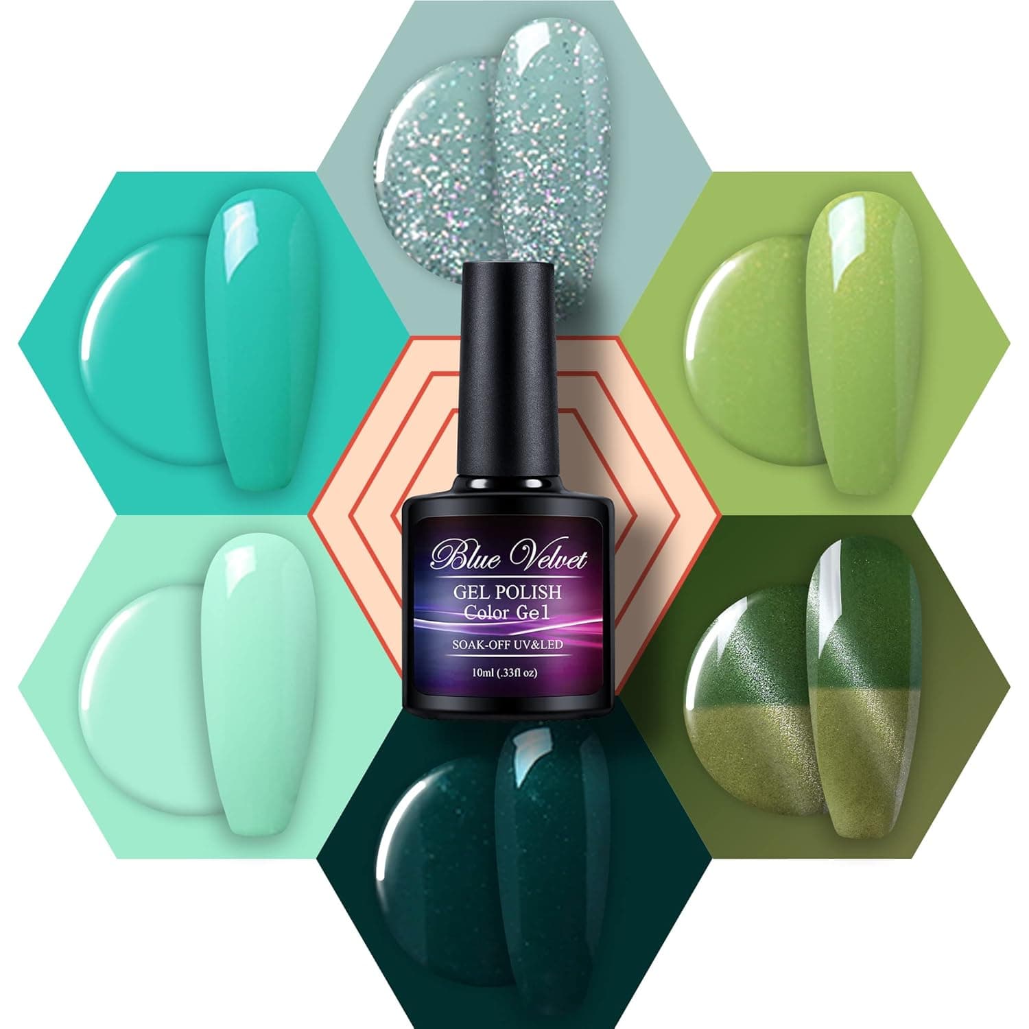 Blue Velvet 6 Pack Green Cat Eye Color Gel Nail Polish + Free Magnet Gift Set Soak Off UV LED Gel Nail Varnish Starter Kit Need Base Top Coat Curing Lamp for Nail Art Designs C004