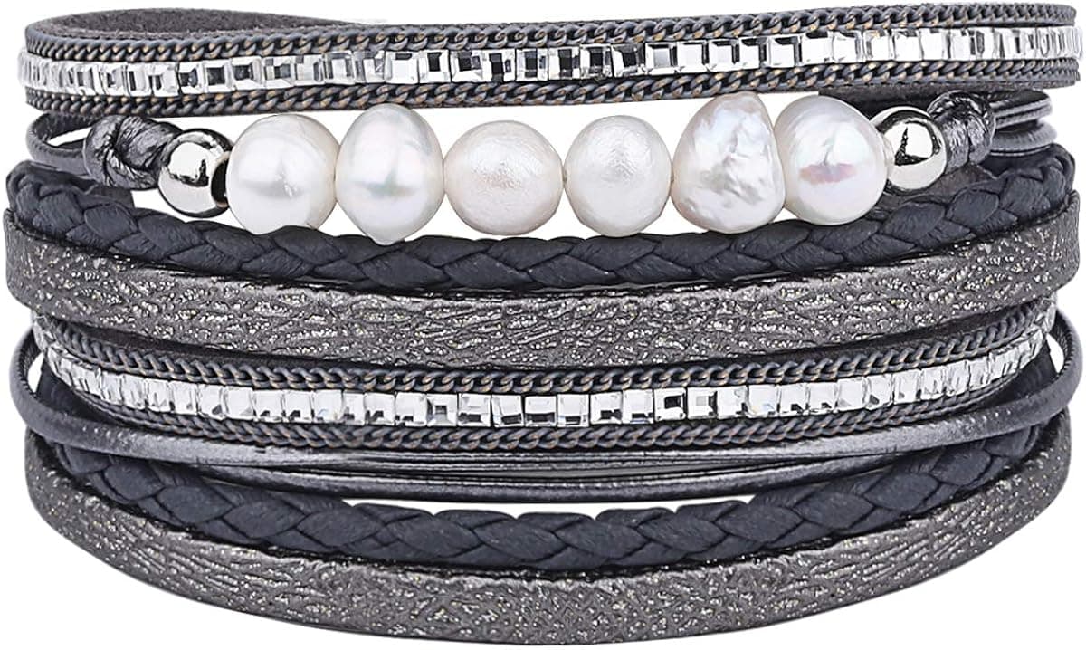 Leather Wrap Bracelets for Women, Multilayer Boho Double Wrap Bracelet Marble Beads Boho Wrap Bracelet Magnetic Clasp Cuff Bracelet Bohemian Jewelry Gift for Women