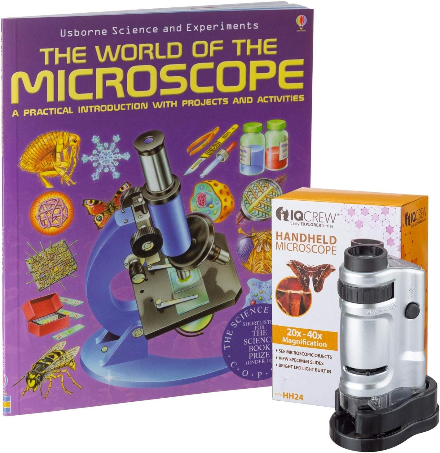IQCrew by AmScope 20X-40X Kids LED Handheld Pocket Microscope + The World of The Microscope Book