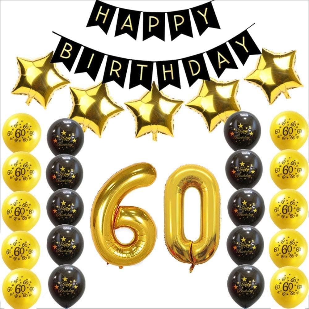 60th Birthday Party Decorations - Happy Birthday Banner,60th Gold Number Balloons,Gold Star Balloons for 60th Birthday Wedding Party Supplies