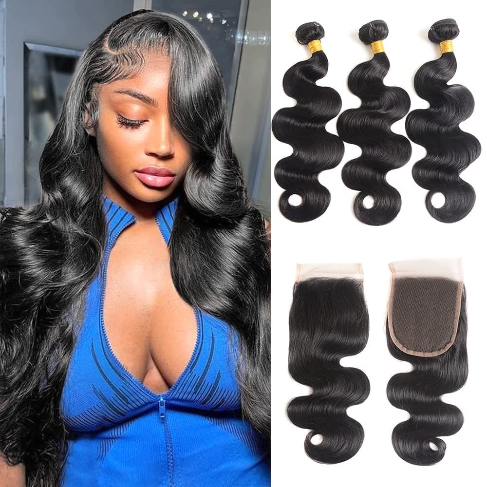 Hoyrhra 12A Brazilian Virgin Hair Body Wave 3 Bundles With Lace Closure (14 16 18 +12 Free Part) Body Wave 100% Unprocessed Human Hair Bundles With 4X4 Lace Closure(Natural Black Color)
