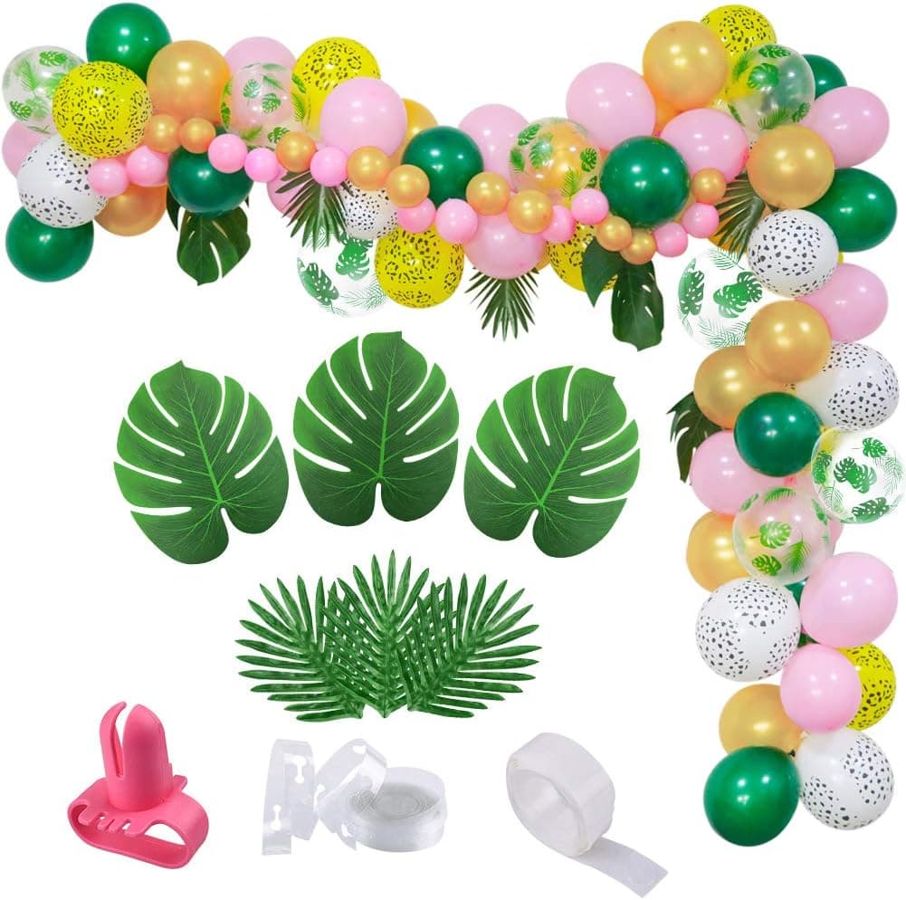 Jungle Safari Theme Balloon Garland Arch Kit, Pink Green Animal Balloons Garland with Tropical Palm Leaves for Kids Girls Safari Animal Baby Shower Decoration Wild One Jungle Birthday Party Supplies