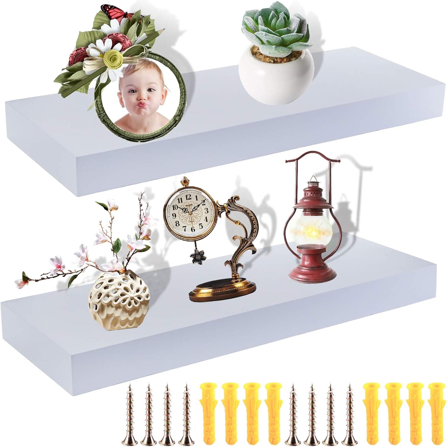 WUWEOT 2 Pack Wall Mounted Floating Shelf, 16" Wood Hanging Shelves for Home Décor, Trophy Display, Photo Frames, and More (Rectangle)