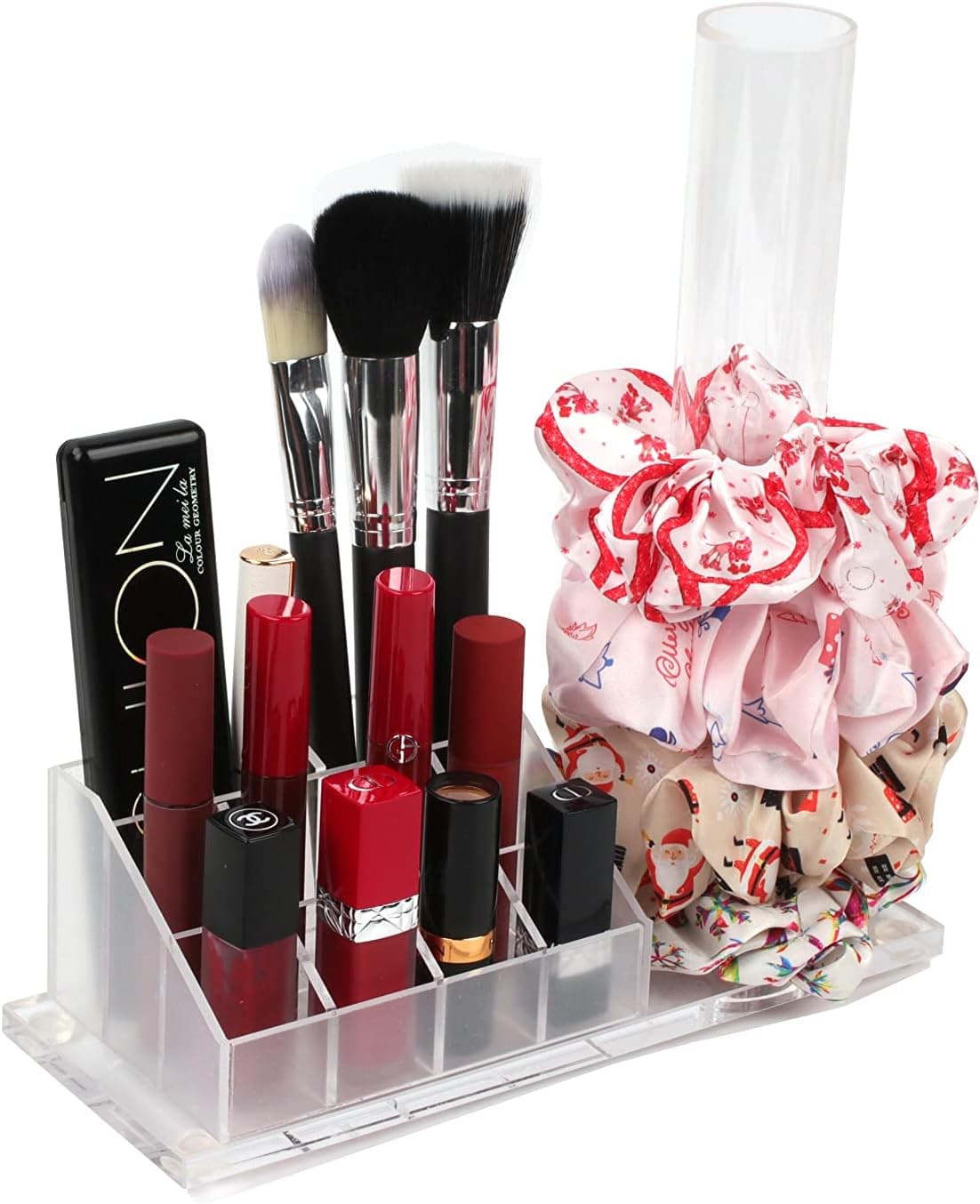 AOFLLU Lipstick Organizer Small - Acrylic Lip Gloss Holder with Scrunchie Storage, 10 Slots Clear Cosmetic Lipsense Display Stand for Makeup Brush Nail Polish, Dresser Vanity Countertop Bathroom