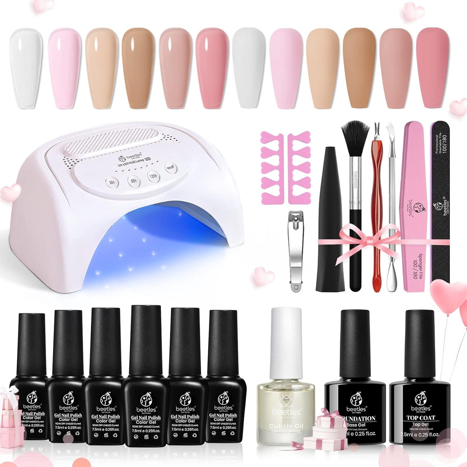 Beetles Gel Nail Polish Kit with U V LED Light 48W,6 Colors Jelly Milky White Sheer Pink Nude Gel Polish Starter Kit Manicure, Soak off U V Gel Nail Polish Set Salon DIY Home Gel Nail Gift for Women