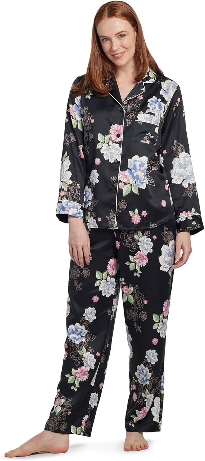 Miss Elaine Pajama Set - Women's Satin PJ Set, Elastic Waist and Button Up Top, Sleepwear and Loungewear for Women