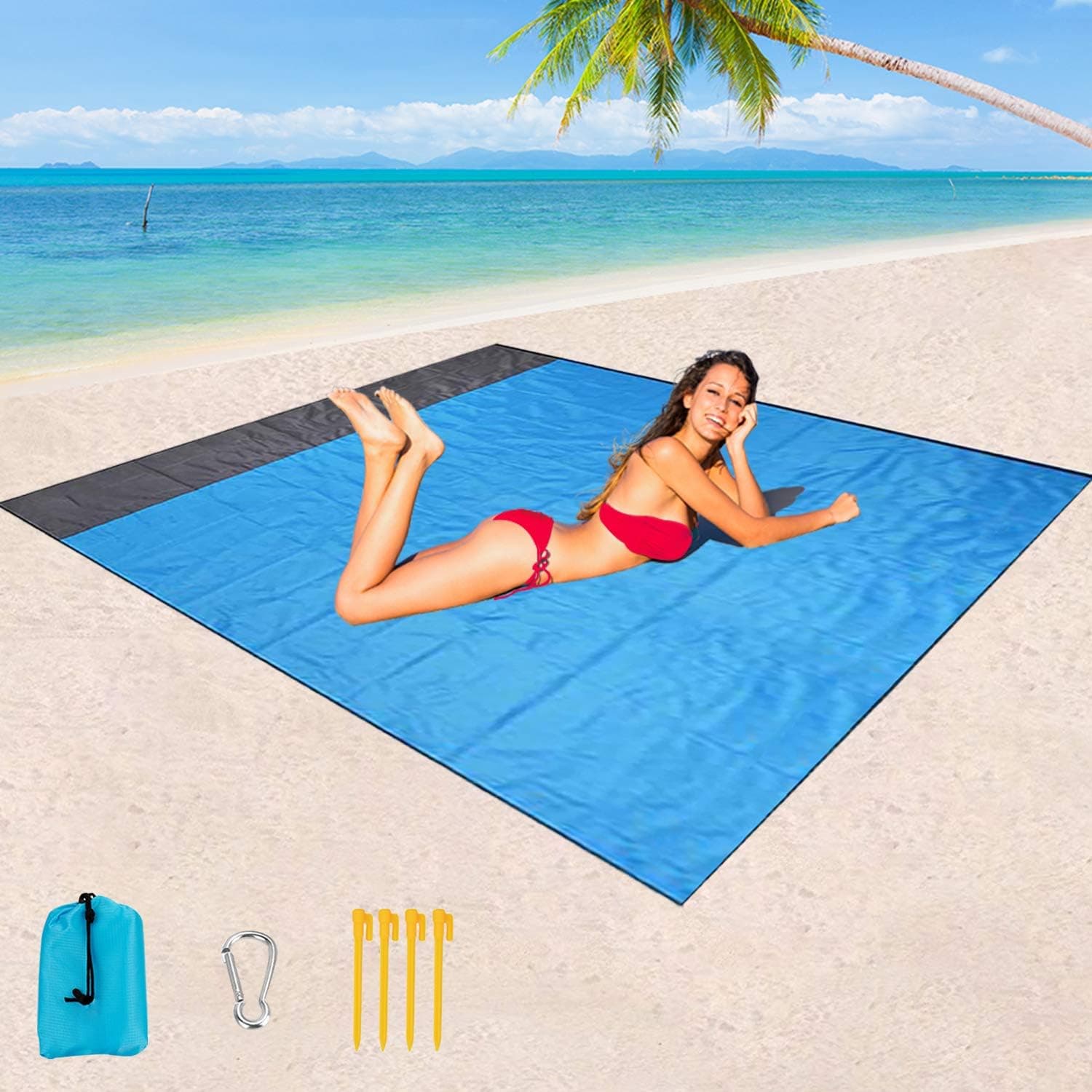 Hivernou Sand Free Beach Mat, 81" X77"Oversized Sand Free Beach Blanket, Outdoor Picnic Mat with Compact Storage Bag and Stakes - Waterproof Quick Drying Heat Resistant