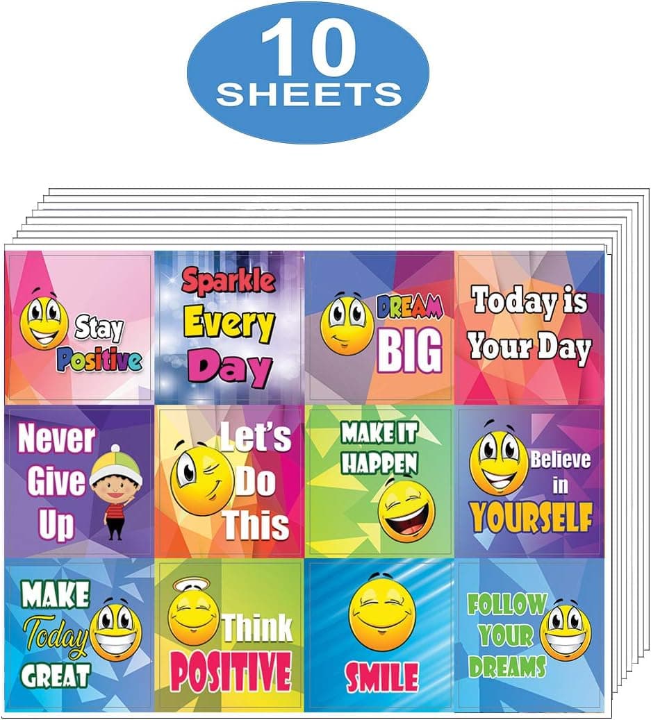 Creanoso Positive Sayings Emoji Stickers (10-Sheet), Waterproof, Unique Personalized Themes Designs, Any Flat Surface DIY Decoration Art Decal for Boys & Girls, Children, Teens