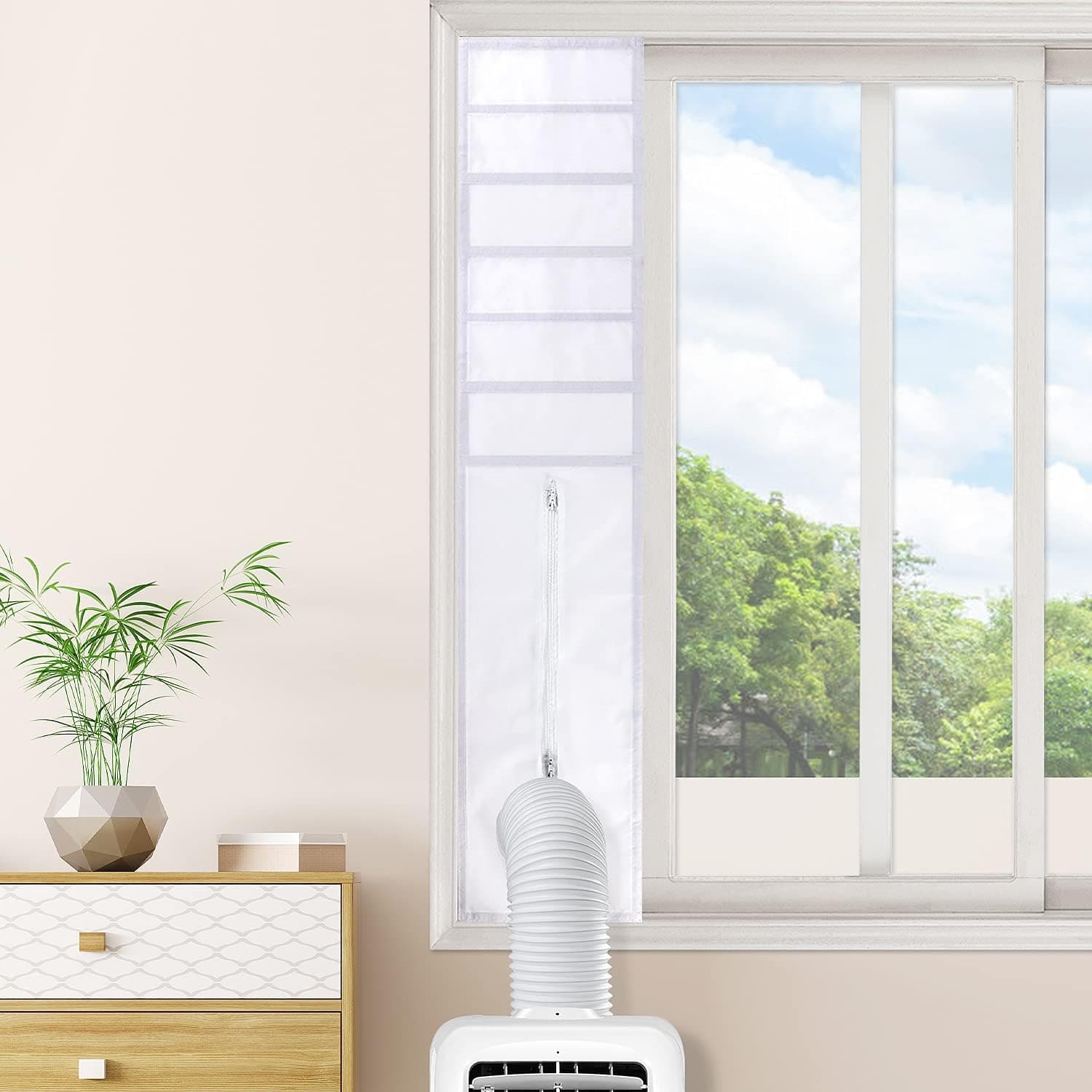 MOLIK Window Seal for Portable Air Conditioner, 25x102~162cm Adjustable Length of Window Vent Kit for Exhuast Hose, Waterproof Cloth Sealing No Drilling with Zip and Adhesive Fastener