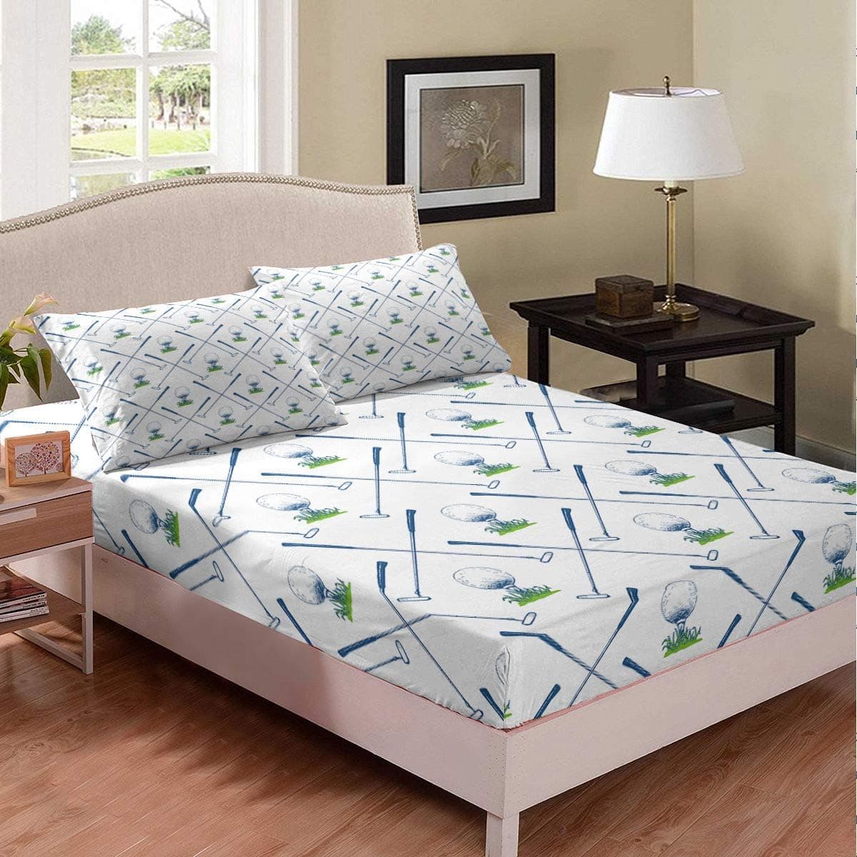 Erosebridal Golf Bedding Set Golf Club Sheet Set Sport Game Athlete Grass Leaf Branches Bedding for Men, Decorative 2 Pieces Fitted Sheet with 1 Pillow Sham, Twin Size, White (No Flat Sheet)