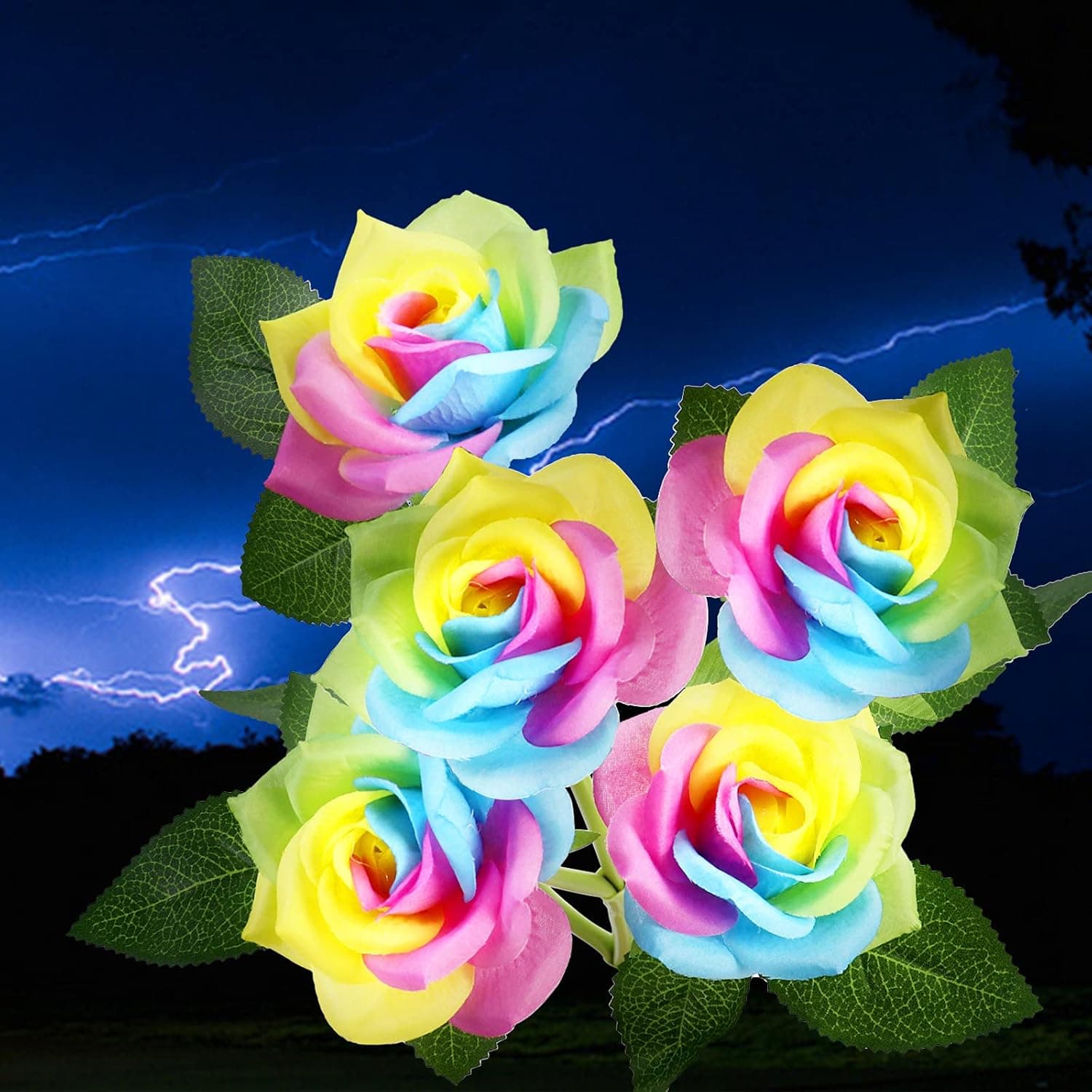 Golier Solar Garden Lights - Upgraded Outdoor Solar Lights with 5 Rose Flowers, Waterproof Solar Decorative Lights for Garden, Backyard, Pathway, Walkway, Plant Pot, Gravesid (Rainbow), Red