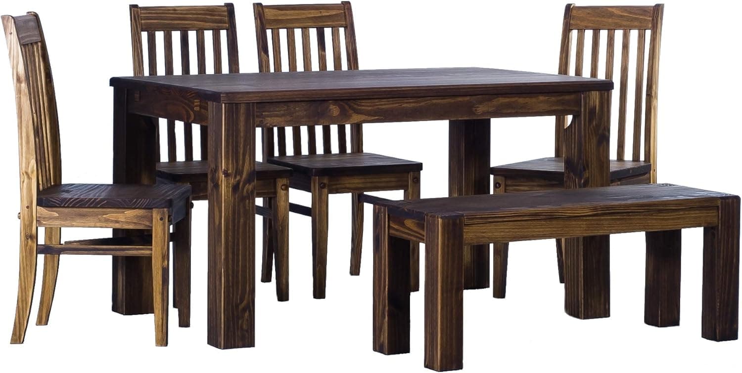 B.R.A.S.I.L.-Möbel TableChamp Dining Table Set for Six Rio Pine with Bench and Four Chairs Dark Brown Solid Wood Oak Antique