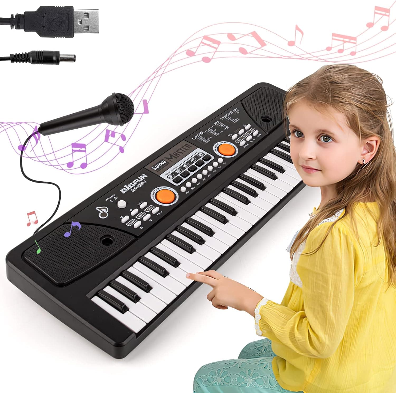M SANMERSEN Kids Keyboard with Microphone, Kids Piano Keyboard for Beginners Electronic Piano with MP3 Function/ Audio Cable/ 16 Tones/ 49 Keys Music Toy Keyboards for Boys Girls Ages 3-12