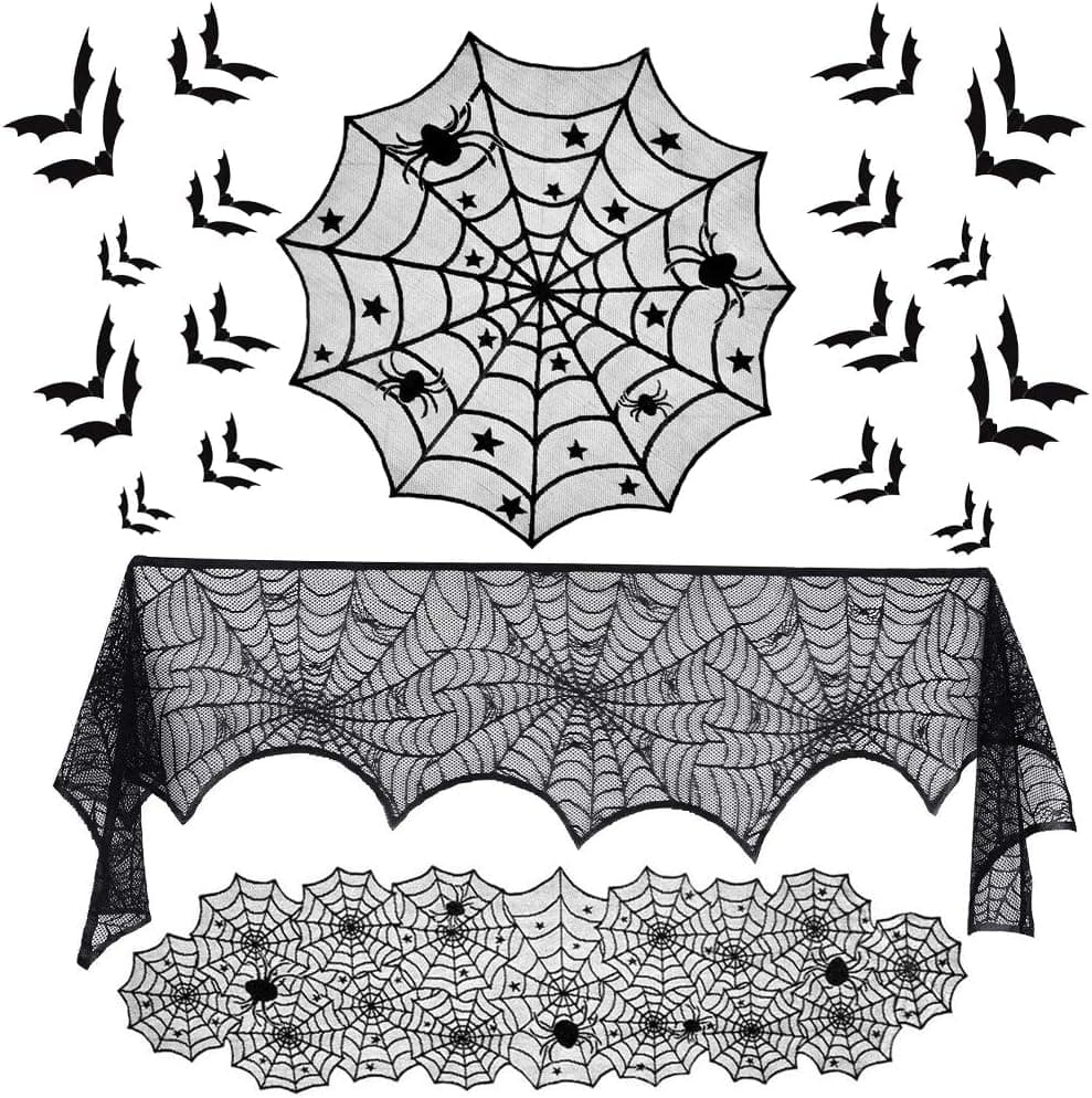 Orgrimmar 35 PCS Halloween Decorations Set Include Lace Spider Web Table Runner, Round Lace Table Cover, Fireplace Scarf Cover and 32 Pieces 3D Bats Wall Sticker Decal