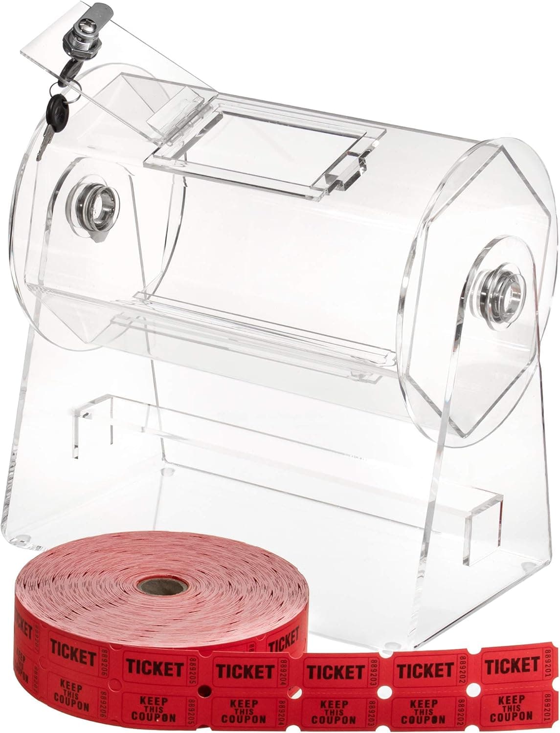 MIDWAY MONSTERS Clear Acryclic Raffle Spinning Drum | Spinning Raffle Box for Balls, Chips, Tickets | Small Drum & 2000 Tickets