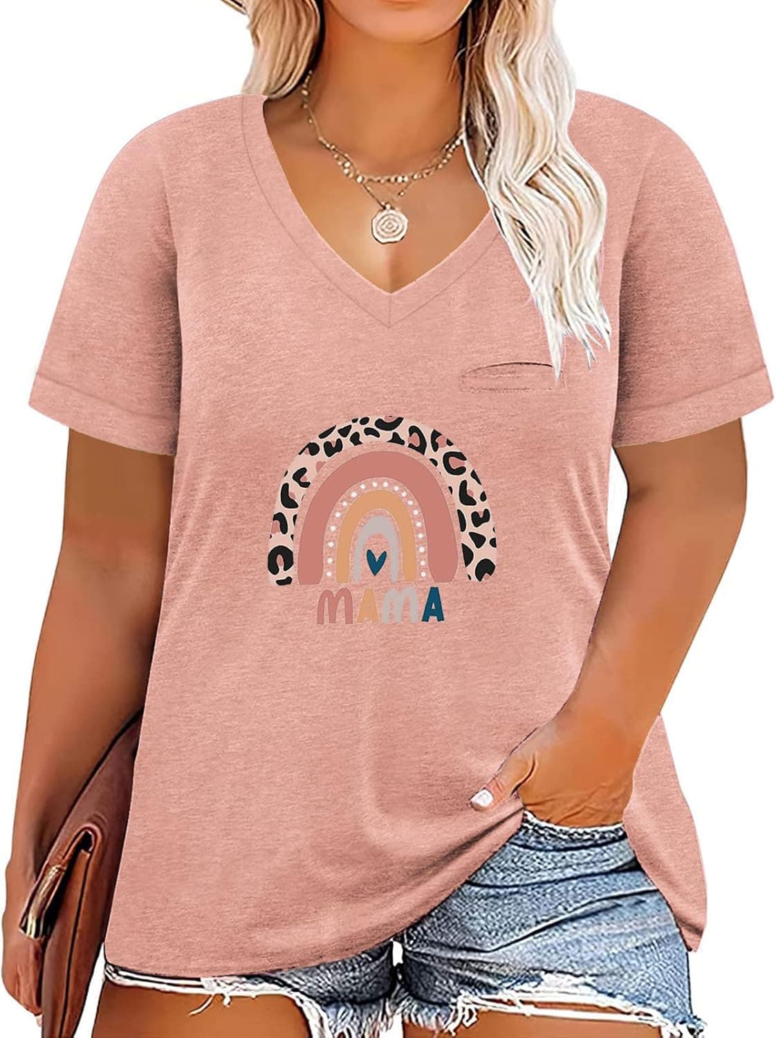 ROSRISS Womens Plus-Size V Neck T Shirts Summer Tops Rolled Short Sleeve Tunics