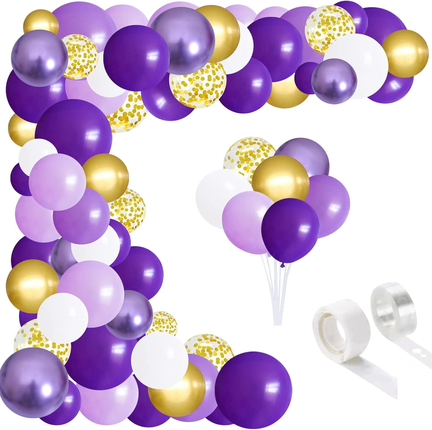 Purple Balloons Garland Arch Kit, 112pcs Metallic Purple Gold White Balloon Party Decorations Supplies