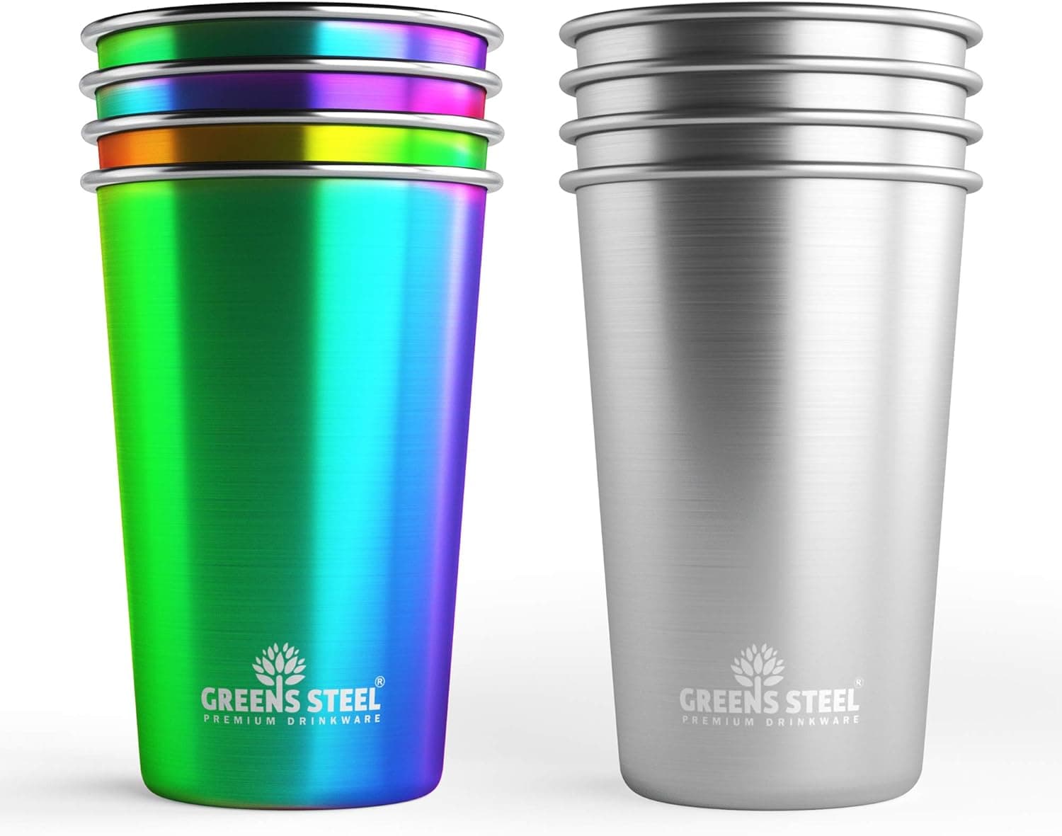 Greens Steel Premium Stainless Steel Cups Rainbow 16oz (4 Pack) and Stainless Steel 16oz (4 Pack) Bundle - Durable Stackable BPA Free Metal Cups