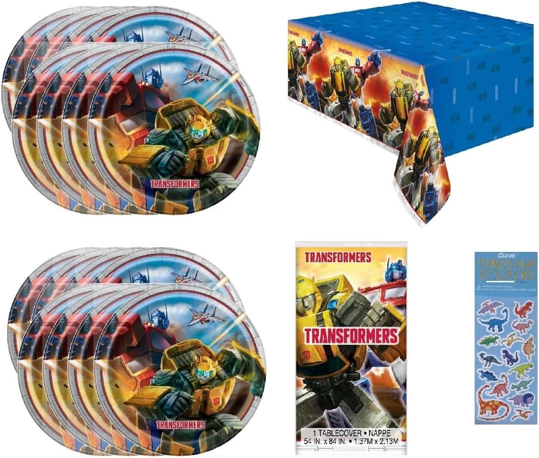 Unique Transformers Birthday Party Supplies Bundle Set for 16 includes 16 Lunch Plates, 1 Plastic Table Cover (Bundle for 16)