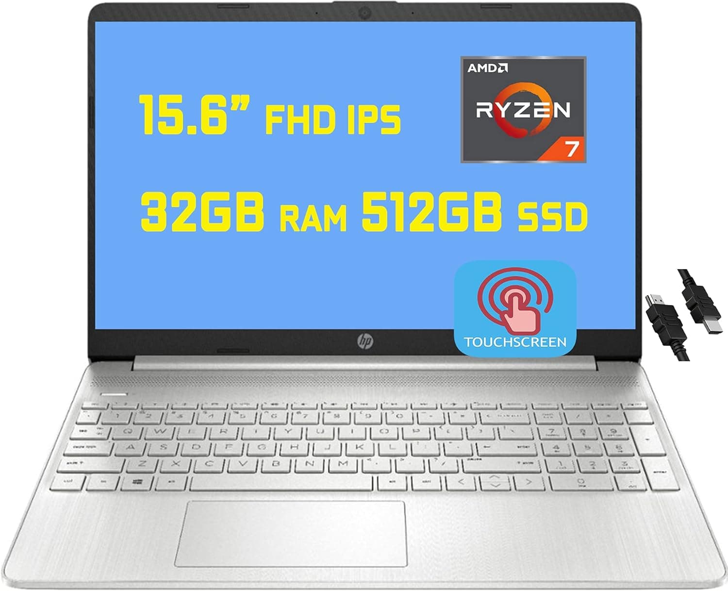 HP Laptop 15 Business Laptop Computer 15.6” Diagonal FHD IPS Touchscreen AMD 8-Core Ryzen 7 4700U (Beats i7-10710U) 32GB RAM 512GB SSD AMD Radeon Graphics USB-C Win10 Silver + HDMI Cable