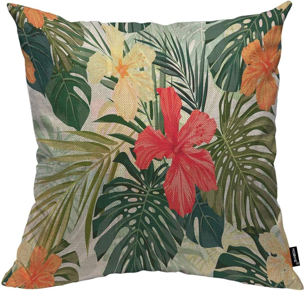 HOSNYE Hibiscus Flowers Throw Pillow Case Cushion Covers Summer Colorful Hawaiian Tropical Plants Palm Leaf Cotton Linen for Couch Bed Sofa Car Waist 16 x 16 inch