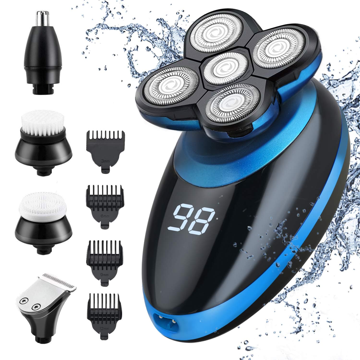 Electric Shaver for Men Grooming Kit with Rotary Shaver Hair Nose Trimmer, LED Display, IPX5 Waterproof Dry Wet Shaving & USB Rechargeable(Blue)