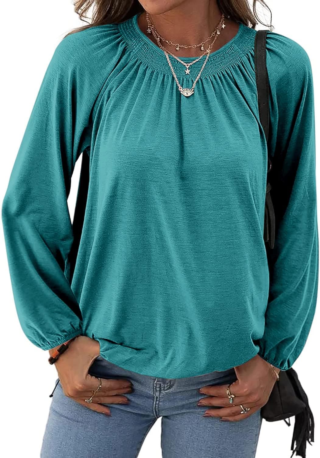 Fancyskin Women's Pleated Crew Neck Tunic Shirt Blouse Cotton Bell Long Sleeve Casual Loose Basic Tops